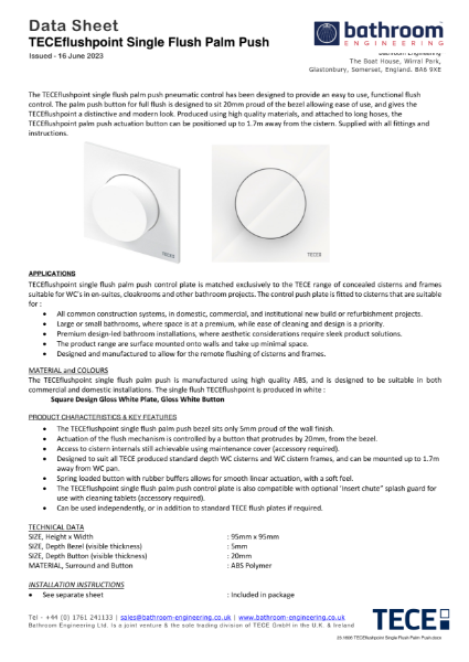 TECEflushpoint Single Flush Palm Push Data Sheet