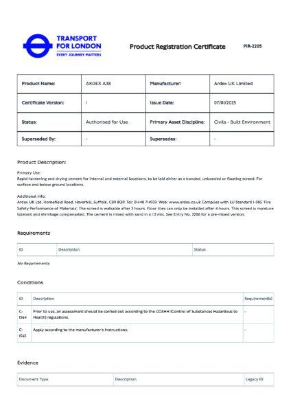 Transport For London Product Registration Certificate - ARDEX A 38