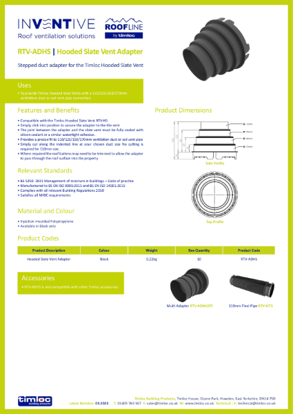 Timloc Building Products RTV-ADHS Hooded Slate Vent Adapter Datasheet