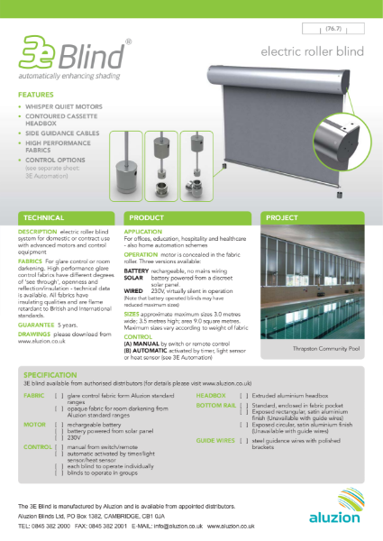 Aluzion 3E Blind Specification and Data Sheet