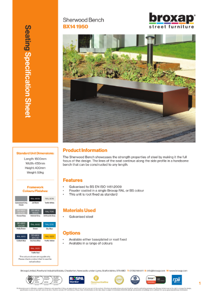 Sherwood Bench Specification Sheet