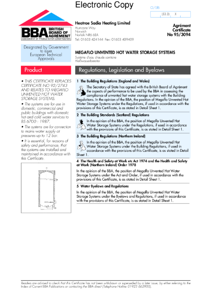 95/3094 Megaflo unvented hot water storage systems