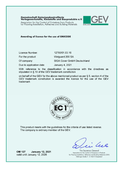 EMICODE certificate SIGA Wetguard