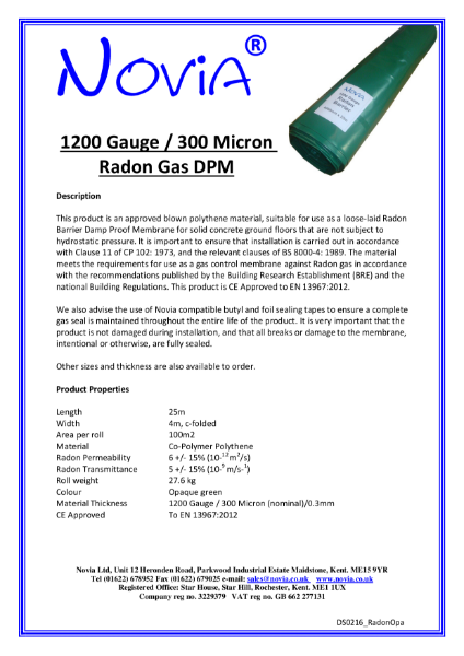 Novia 1200 Radon Gas Membrane Datasheet Feb 16