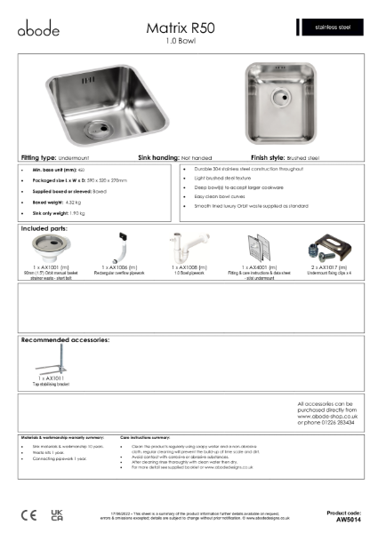 Matrix R50. Stainless Steel Sink, Single Bowl - Consumer Spec