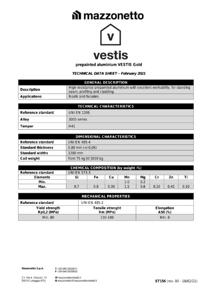 Mazzonetto ST156 Product Data - Vestis Gold