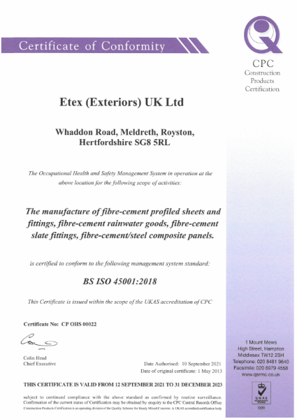 Etex - Meldreth OHSMS 45001:2018 Certificate Sept21