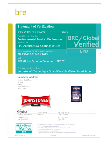  Environmental Product Declaration (EPD): BREG EN EPD No.: 000308 Aqua Guard Durable Water Based Satin