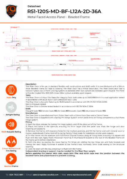 Datasheet - Metal Faced Riser Door Beaded Frame 2 Hour Fire Rated Smoke Tested 36dB Acoustic Double Door - R51-120S-MD-BF-L12A-2D-36A