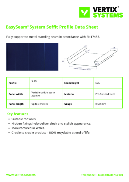 Vertix EasySeam System Soffit Profile Data Sheet