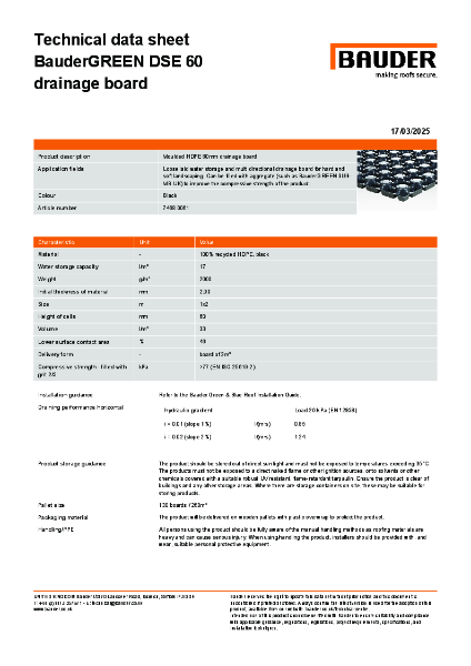 BauderGREEN DSE 60 Drainage Board - Technical Data Sheet