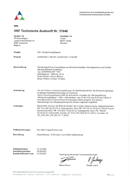 Avantage MP VKF / AEAI certificate