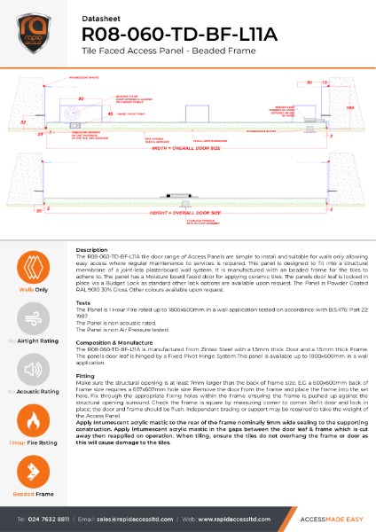 Datasheet - Tile Door Access Panel, One Hour Fire Rated