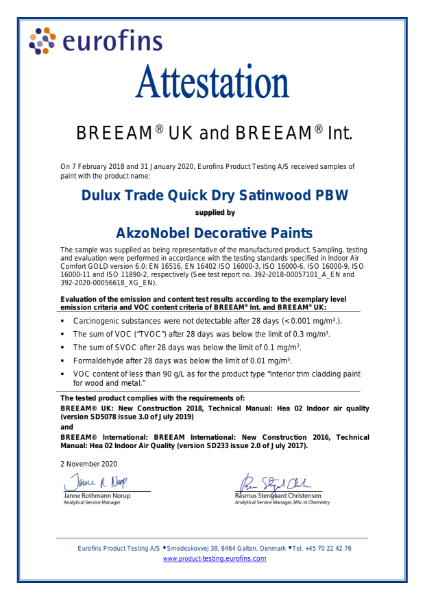 Dulux Trade QD Satinwood BREEAM Attestation