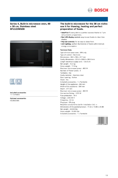 Series 4, Built-in microwave oven, 60 x 38 cm, Stainless steel BFL523MS0B