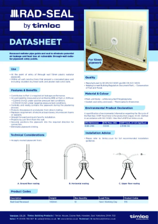 Rad-Seal Recessed Radiator Pipe Guide & Seal Datasheet