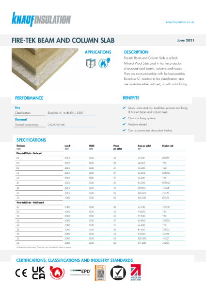 Knauf Insulation Fire-teK Beam and Column Slab and Fire-teK Dry Fix Noggin Slab Data Sheet