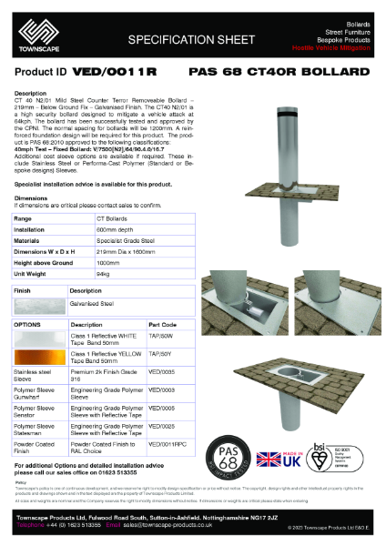 PAS 68 Removeable Bollard CT40 N2/01 Specification Sheet VED0011R