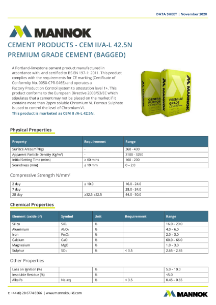 Mannok Premium Grade Cement TDS