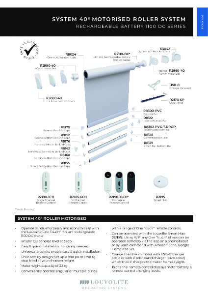 Roller System 40® Lithium Re-chargeable Battery 1100DC Motor Technical Specification