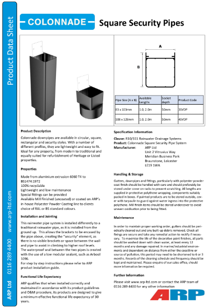 Colonnade Square Security Pipe Data Sheet