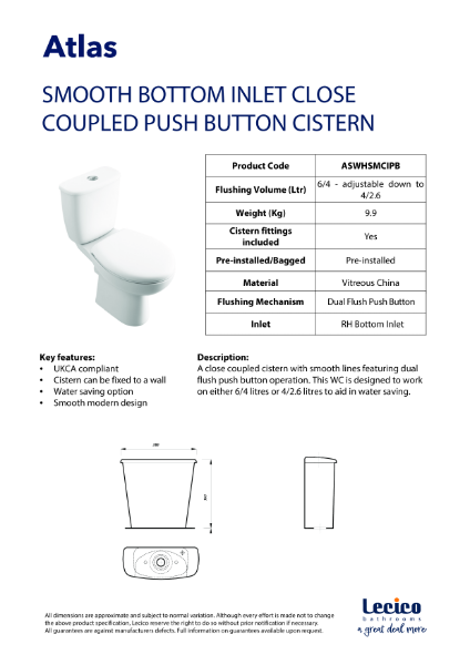 Atlas Smooth Close Coupled Push Button Cistern