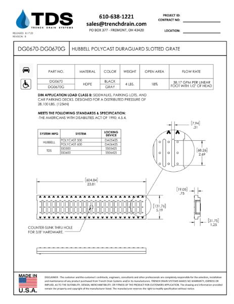 Hubbell Polycast Duraguard Slotted Grate - DG0670-DG0670G