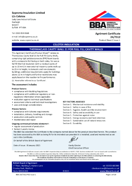 BBA FOR CELOTEX THERMACLASS CAVITY WALL 21 FOR FULL FILL CAVITY WALLS
