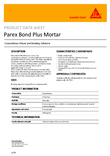 Parex Bond Plus Mortar - Product Data Sheet