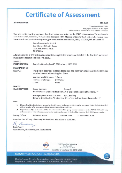 AS/NZS 3837 Certificate of Assessment for Ampelite Wonderglass GC, FS Firecheck, 2400 GSM