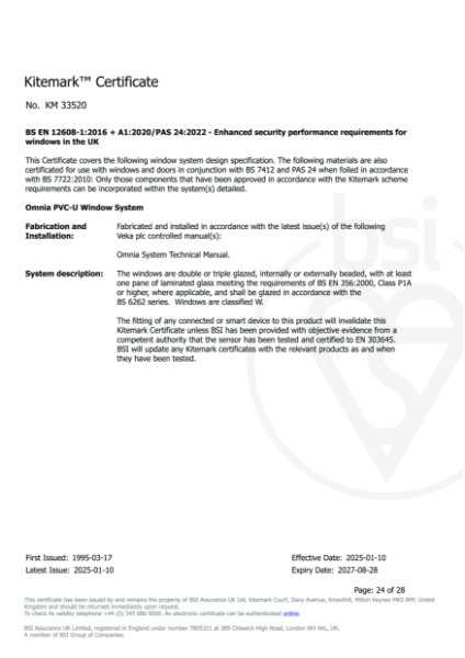 OMNIA PVC-U Windows Kitemark™ Certificate No. KM 33520