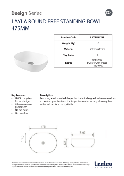 Layla Round Free Standing Bowl 475mm