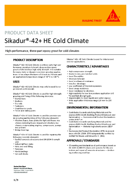 Sikadur®-42+ HE Cold Climate – Product Data Sheet