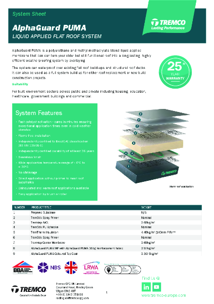 Tremco Roofing - AlphaGuard PUMA System Sheet