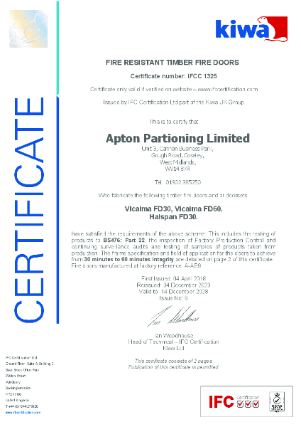 KIWA Fire Resistant Doors Certificate