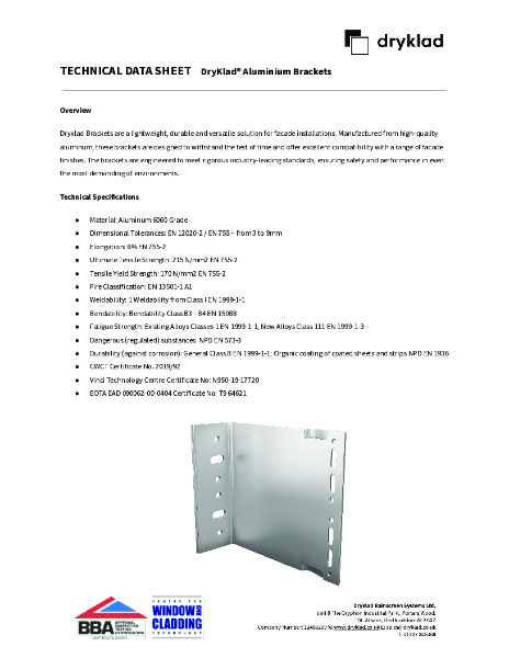 DryKlad Aluminium Brackets Technical Data Sheet