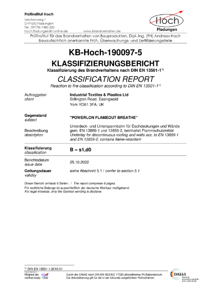 FlameOUT® Breathe EN 13501-1 Test Report