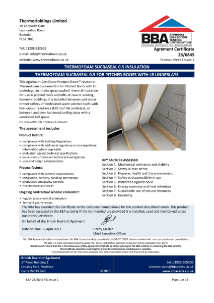 BBA Certificate - Sucraseal - Pitched Roof Insulation