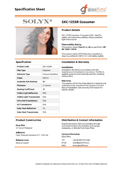 SXC-125SR Gossamer Specification Sheet