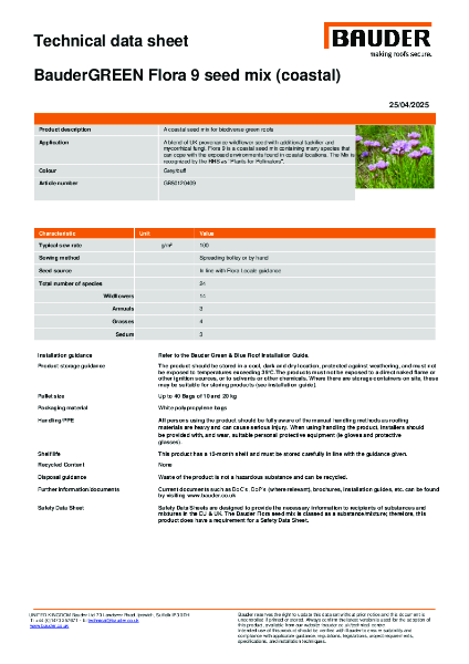 BauderGREEN Flora 9 Seed Mix - Technical Data Sheet