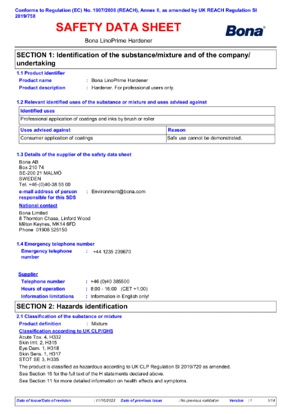 Bona Lino Prime (Hardener) - Safety Data Sheet