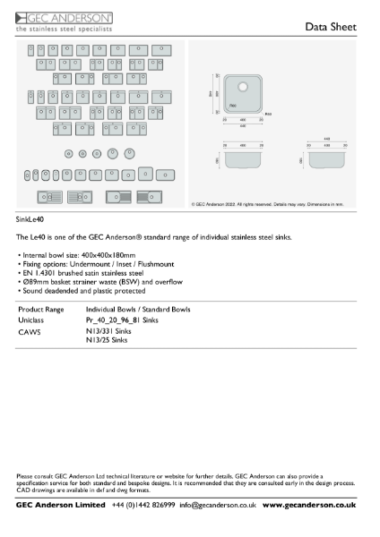 GEC Anderson Data Sheet - Sink Bowl: LE40