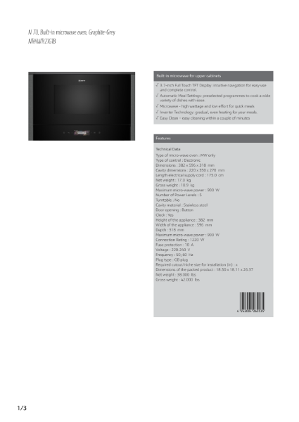 Microwave Ovens Graphite grey trim NR4WR21G1B, Datasheet