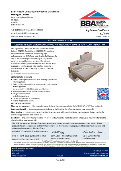 Celotex Floors BBA certificate for TB4000, GA4000, XR4000