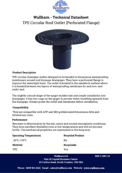 Datasheet - TPE Circular Roof Outlet Round Shank 240mm (L) (Perforated Flange)