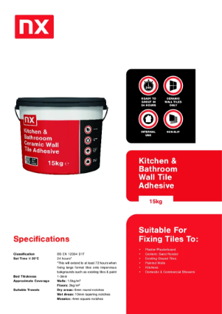 NX Kitchen & Bathroom Ready Mixed Wall Tile Adhesive Data Sheet