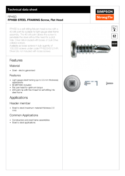 FPHSD: STEEL FRAMING Screw - Flat Head Technical Data Sheet