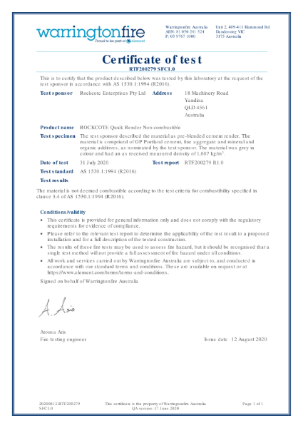 Rockcote Certificate of Test 1530.1 Quick Render Non Combustible