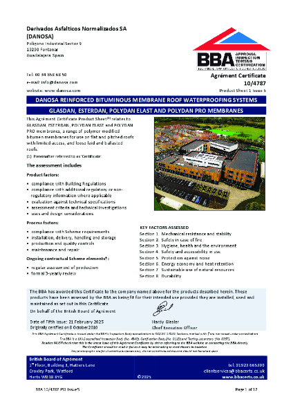 GLASDAN, ESTERDAN, POLYDAN ELAST and POLYDAN PRO membranes BBA 10/4787 Product Sheet 1 Issue 5 