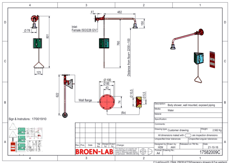 Emergency Body Drench Shower for exposed pipework, Wall Mounted